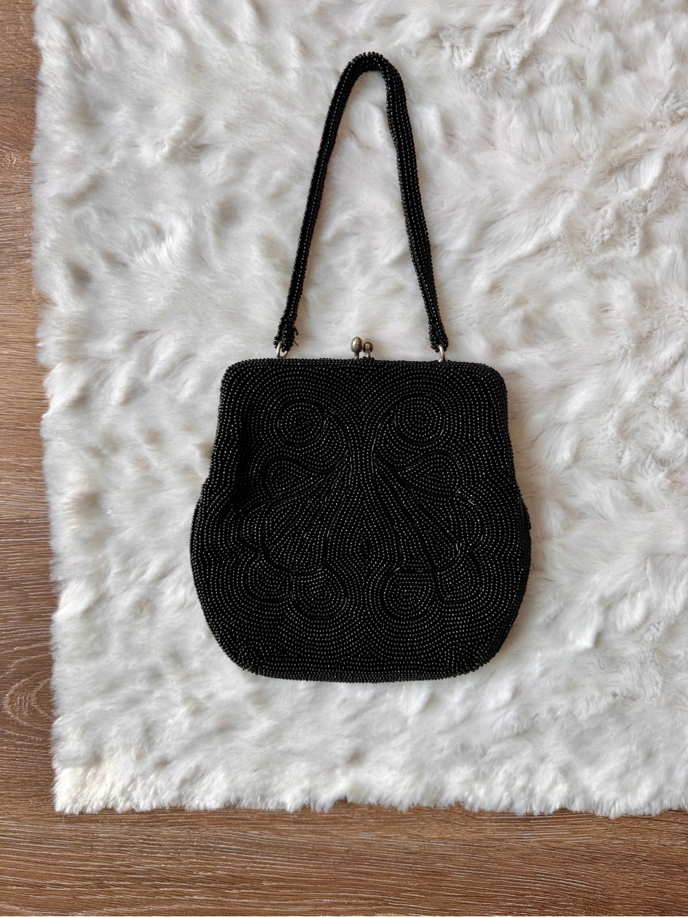 Vintage Black Beaded Evening Clutch Purse with Handle